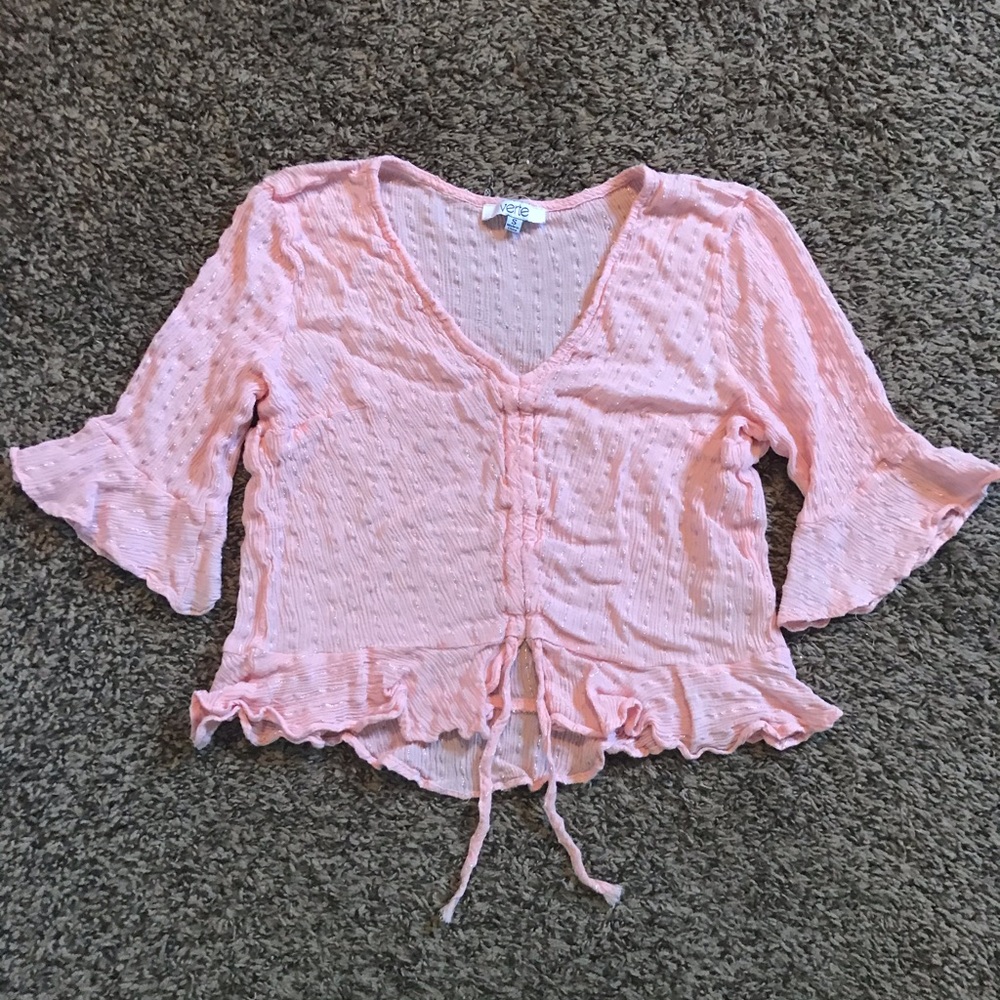 Cropped, 1/4 Bell Sleeve, Ruched Tie Bottom Blouse